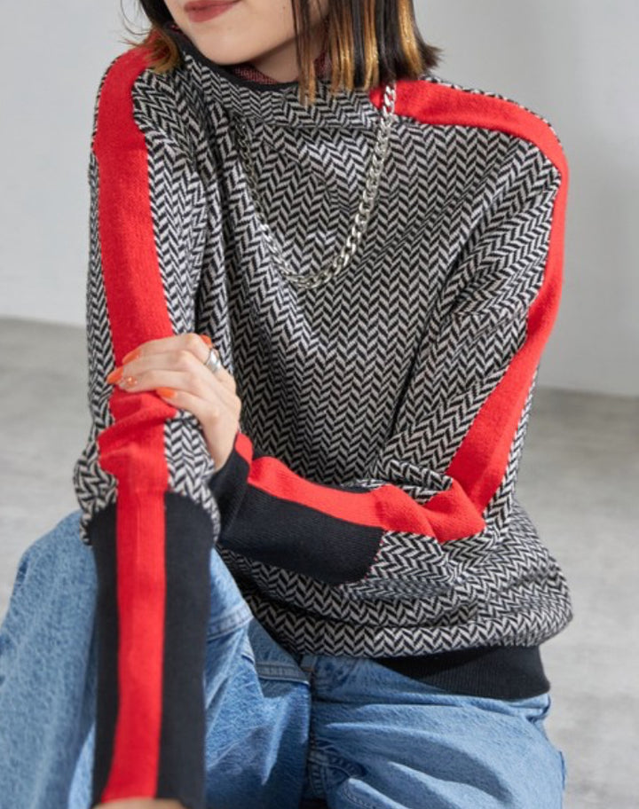 Damen Feinstrickpullover mit geometrischem Jacquardmuster, Stehkragen und Kontrastband Drune