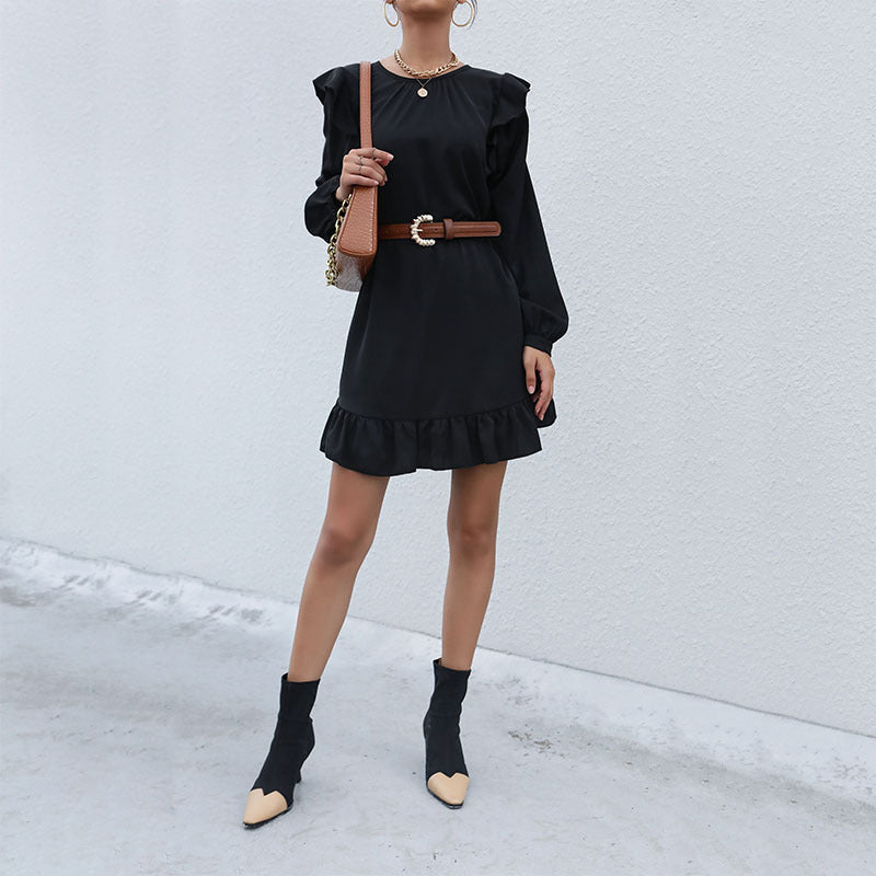 Damen A‑Linien Minikleid mit Volant‑Schultern und Rüschen-Saum Drune