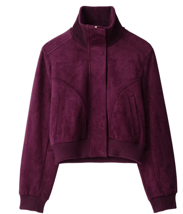Damen Cropped Velours‑Bomberjacke mit hohem Rippenkragen und verdeckter Verschlussleiste Drune