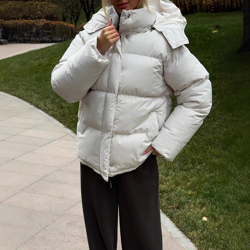 Damen Kurze winddichte Stepp‑Pufferjacke mit abnehmbarer Kapuze und hohem Stehkragen Drune