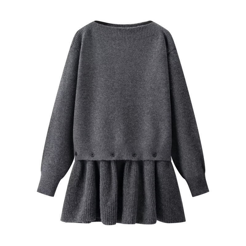 Damen Strickkleid mit angesetztem Volantrock und dekorativer Knopfleiste Drune