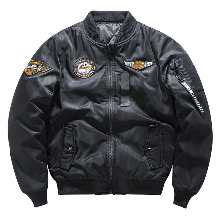 Herren  von der Luftfahrt inspirierte isolierte MA-1 Bomberjacke mit gestickten Missions-Patches und Reißverschluss-Taschen am Ärmel Drune