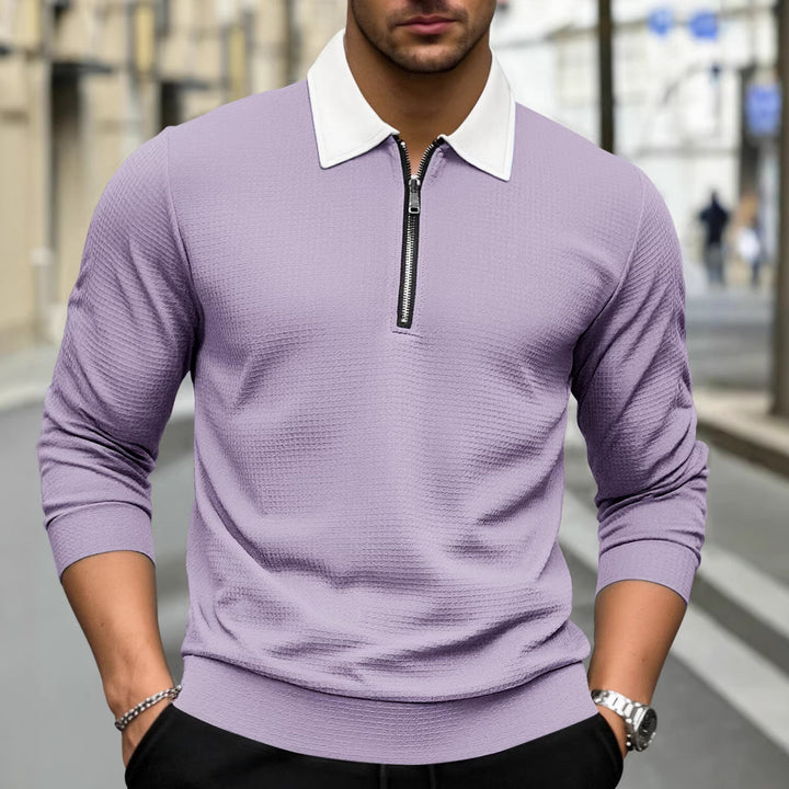 Herren Elegantes Waffelstruktur-Poloshirt mit Halbzip und Kontrastkragen Drune