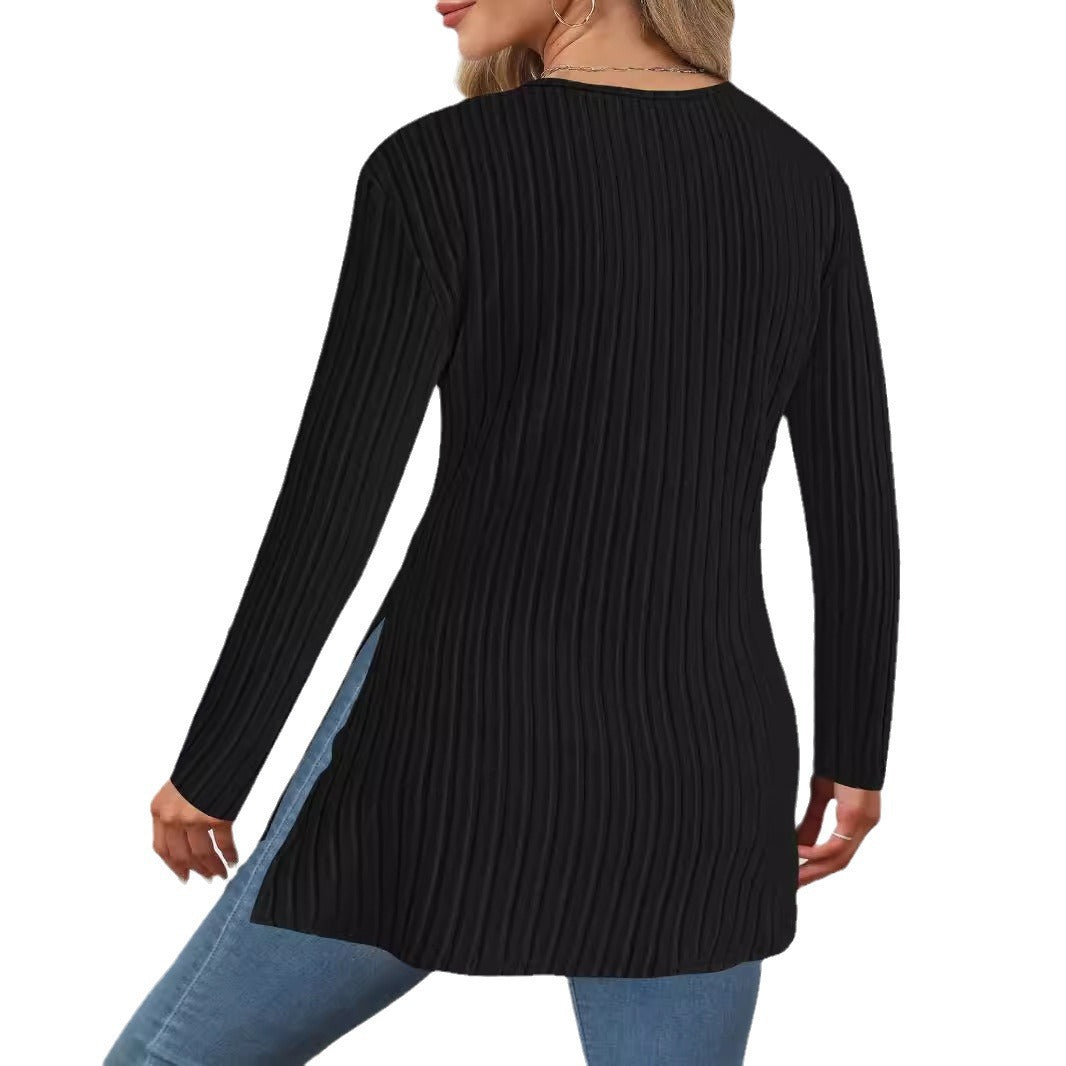 Damen Gerippter Wickel‑V‑Ausschnitt Longpullover mit Taillenbetonung und Seitenschlitzen Drune
