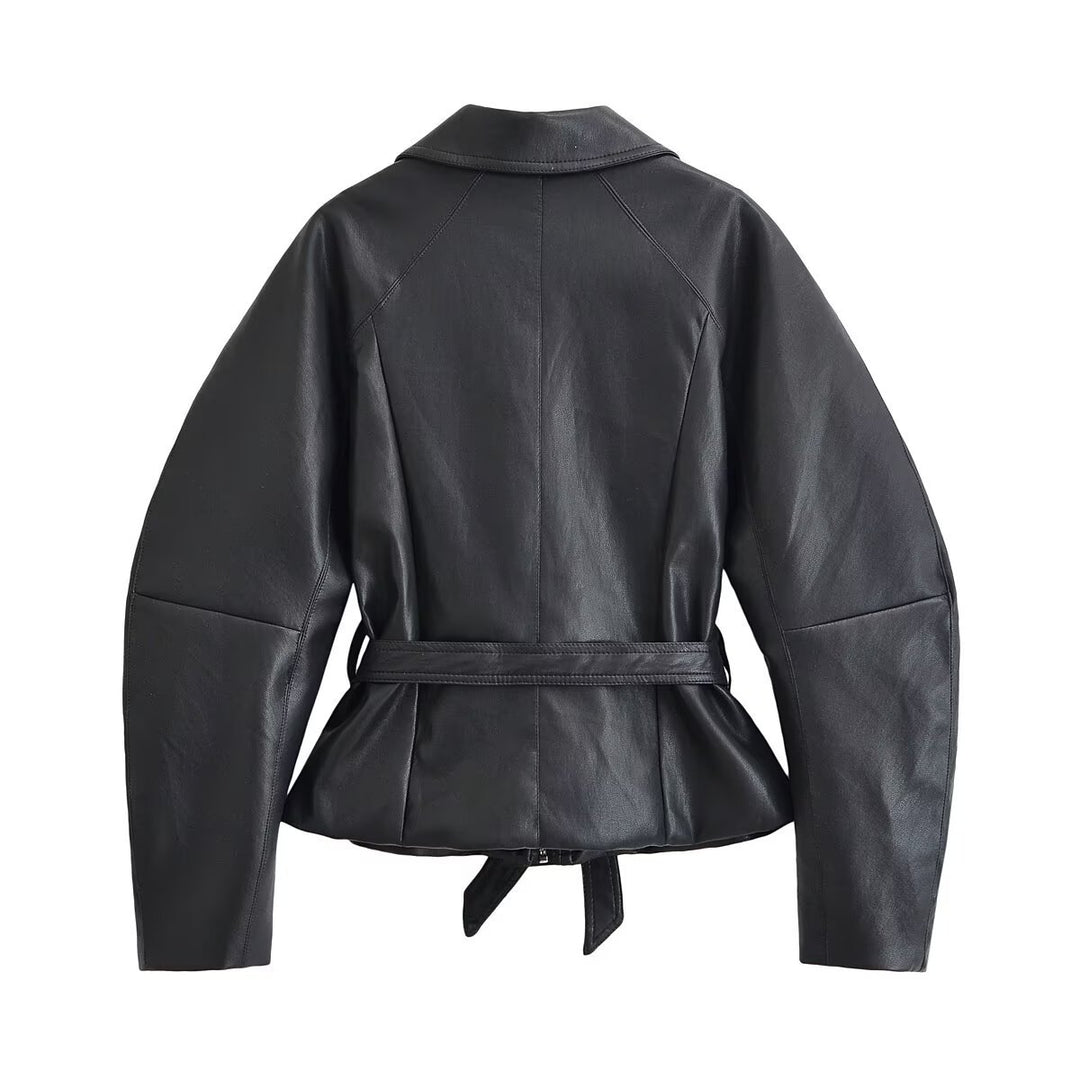 Damen Taillierte Lederoptik‑Jacke mit Bindegürtel und überschnittenen Ärmeln Drune
