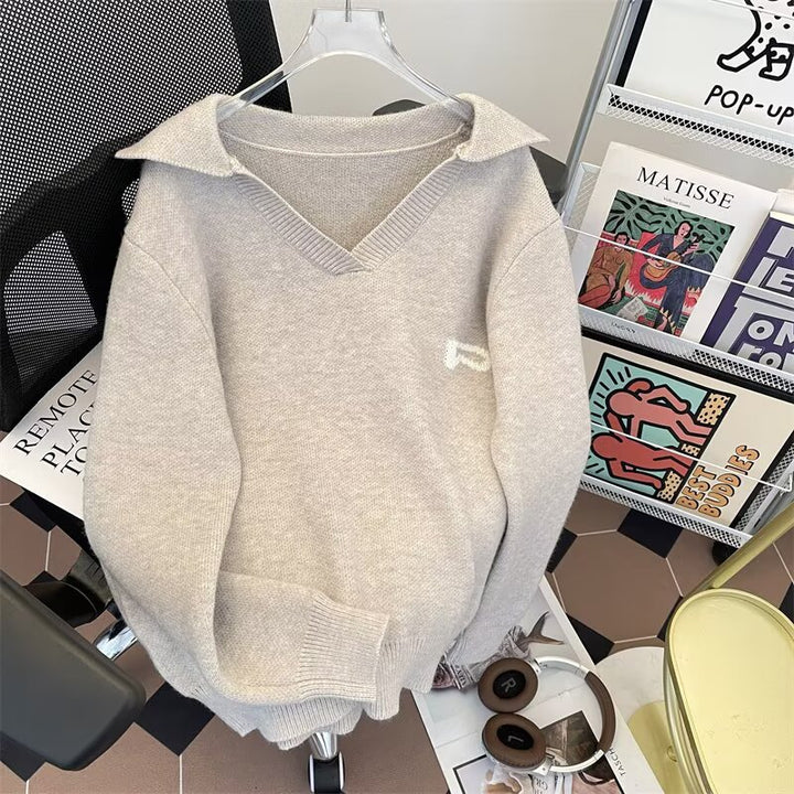 Damen V-Ausschnitt Strickpullover mit raffinierter Struktur Drune
