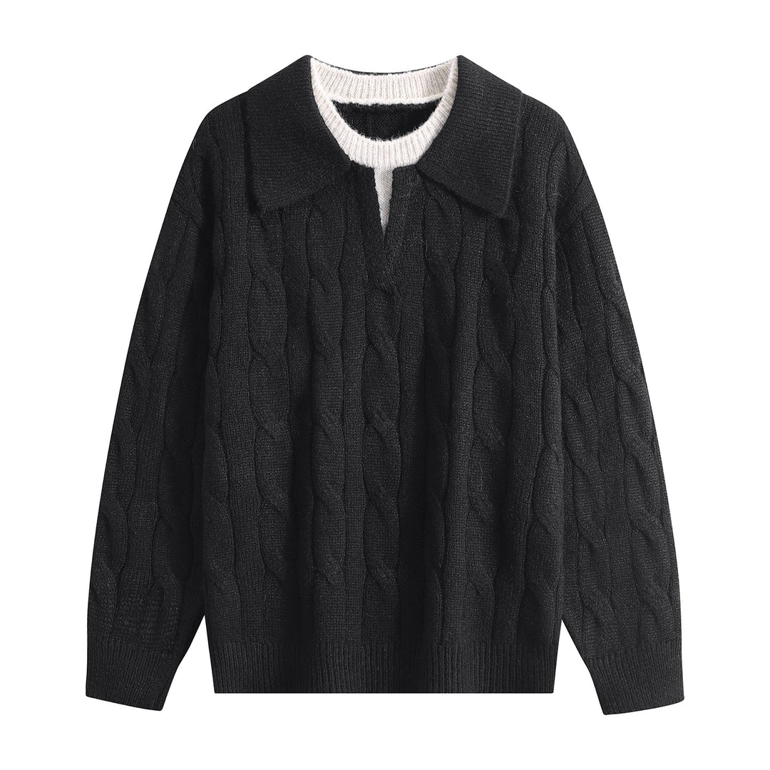 Damen Oversize Grobstrick-Pullover mit Polokragen und Zopfmuster Drune