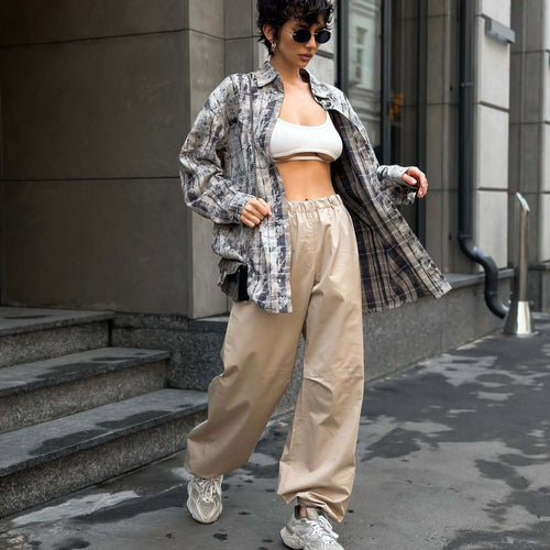 Damen weite hochgeschnittene Freizeithose mit elastischem Bund und tiefem Schritt Drune
