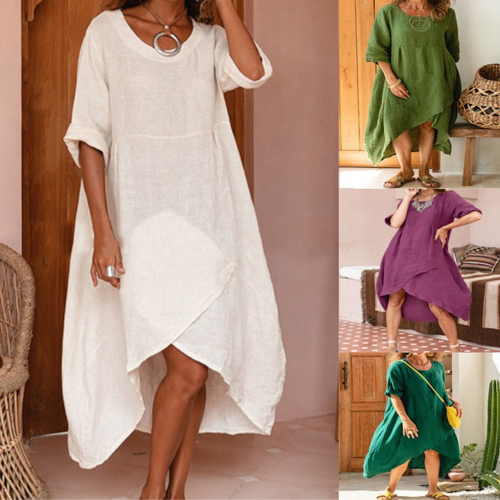Damen asymmetrisches Sommerkleid aus Leinen mit gerafftem Saum Drune