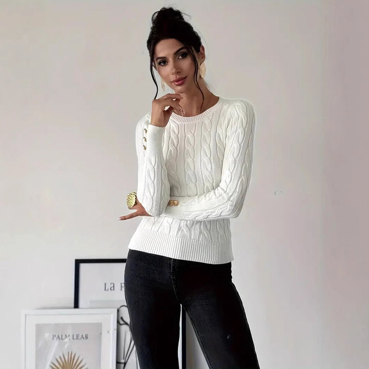 Damen Strickpullover mit filigranem Zopfmuster und eleganten Knopfdetails Drune
