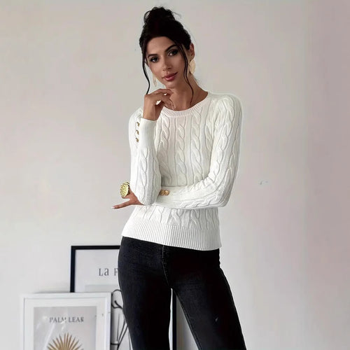 Damen Strickpullover mit filigranem Zopfmuster und eleganten Knopfdetails Drune