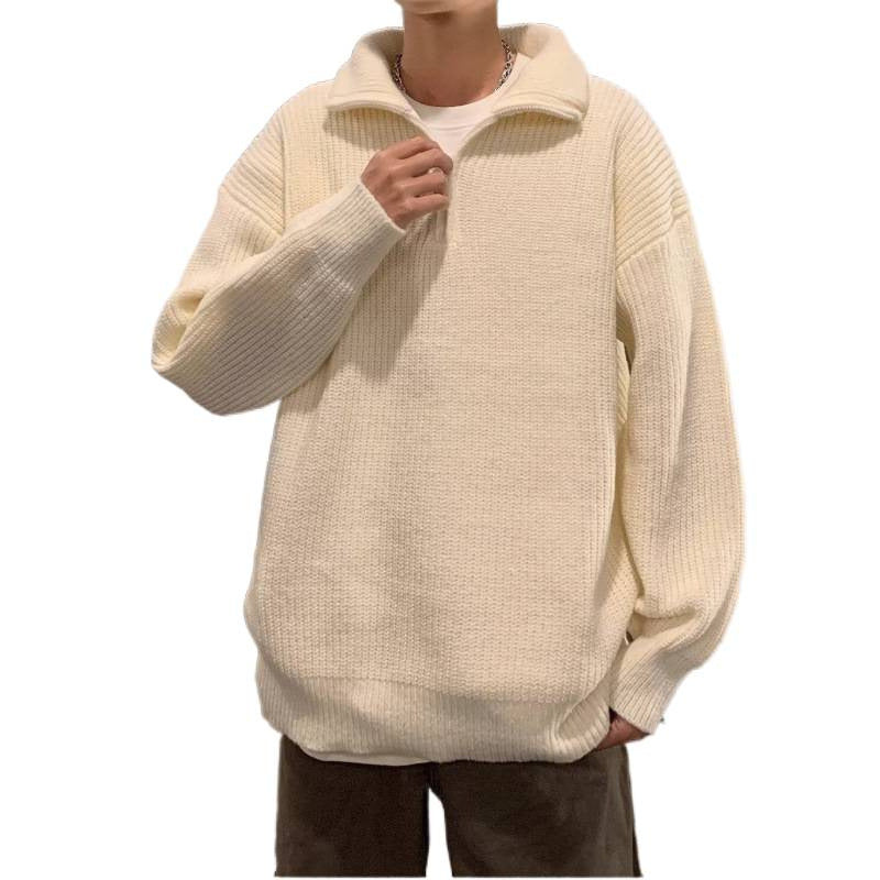 Herren Weicher Oversize-Rippenstrick-Pullover mit verdecktem Halbzip und Polokragen Drune