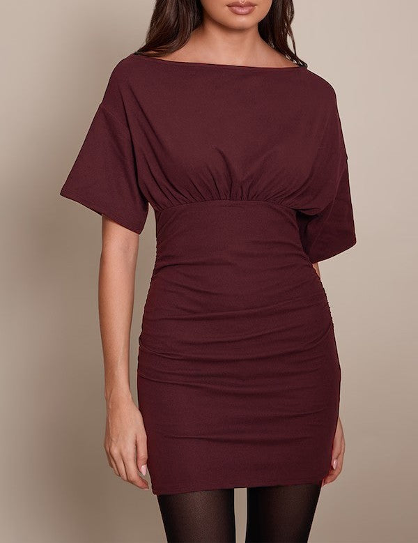 Damen Figurnahes Mini-Kleid mit U‑Boot‑Ausschnitt, Taillenraffung und Fledermausärmeln Drune