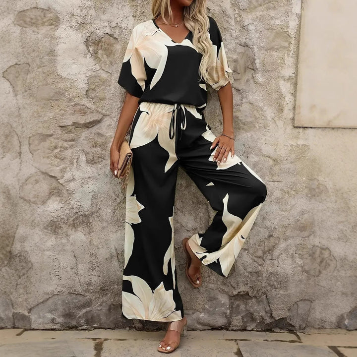Damen luftiger Hosenanzug mit floralem Print und elastischem Bund Drune