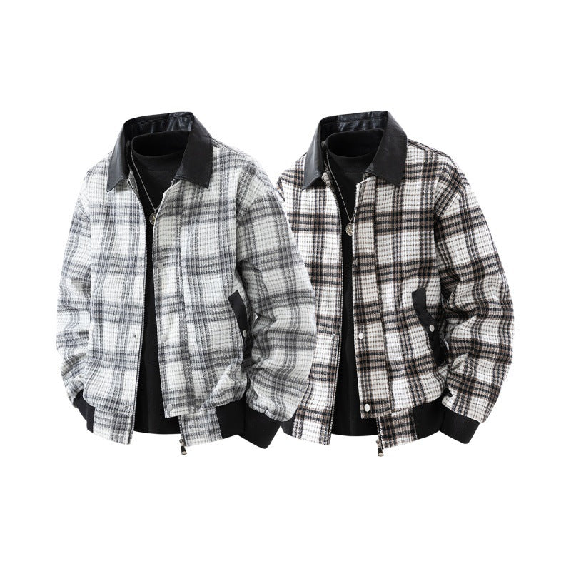Herren karierte Overshirt-Jacke mit Kunstlederkragen, gefüttertem Innenfutter und elastischen Bündchen Drune
