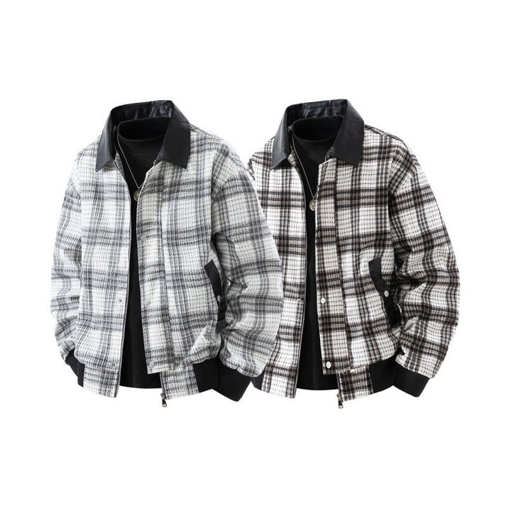 Herren karierte Overshirt-Jacke mit Kunstlederkragen, gefüttertem Innenfutter und elastischen Bündchen Drune