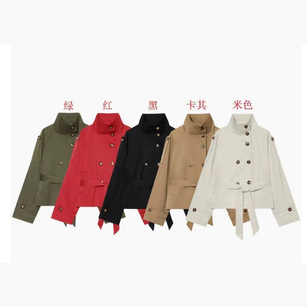 Damen 10+ Cropped Doppelreihige Kurzjacke mit Stehkragen und Taillengürtel Drune