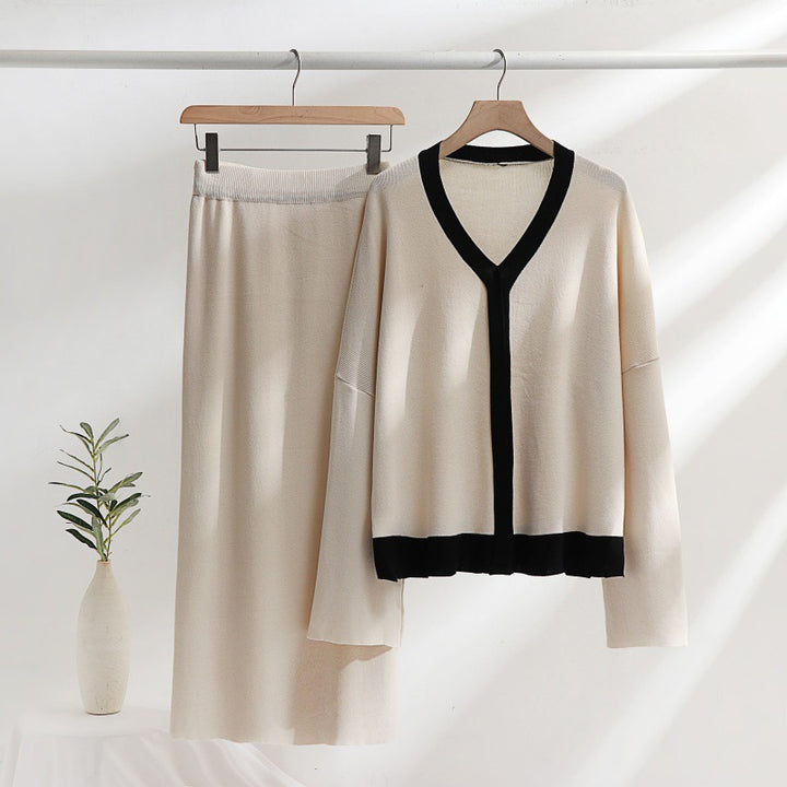 Damen elegantes Strick-Kombinationsset mit tiefem V-Ausschnitt und Kontrastdetails Drune