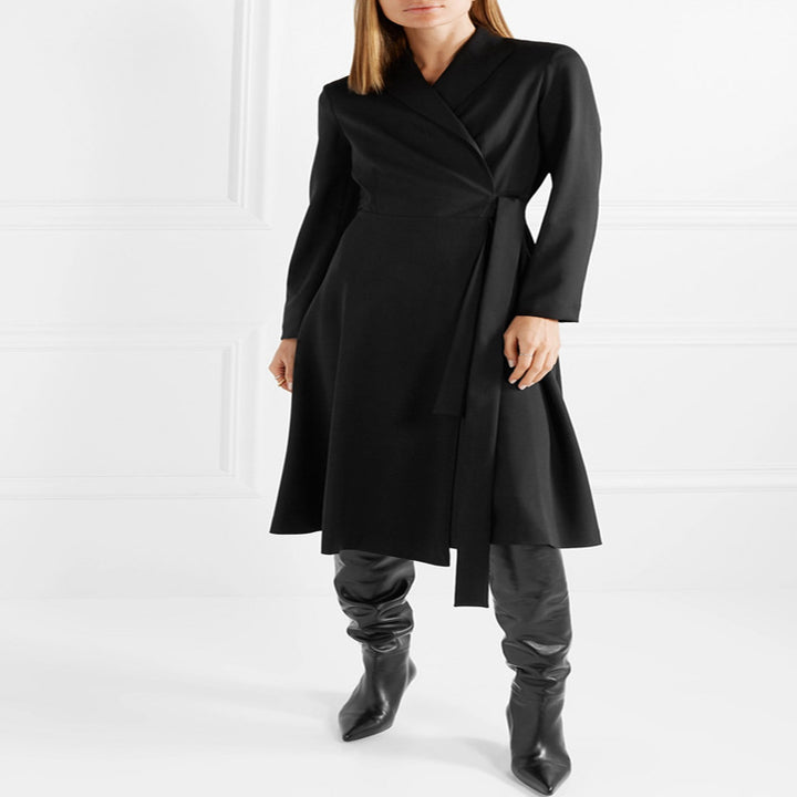 Damen Wickel‑Midikleid‑Mantel im Tailoring mit Schalkragen und Bindegürtel Drune