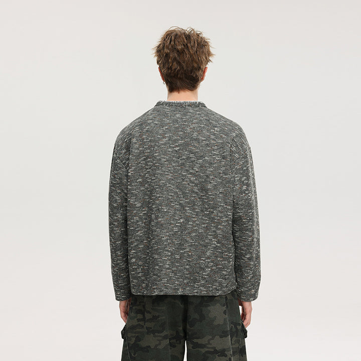 Herren Melierter Strick-Henley-Pullover mit Stehkragen, lockerer Passform und Knopfleiste Drune