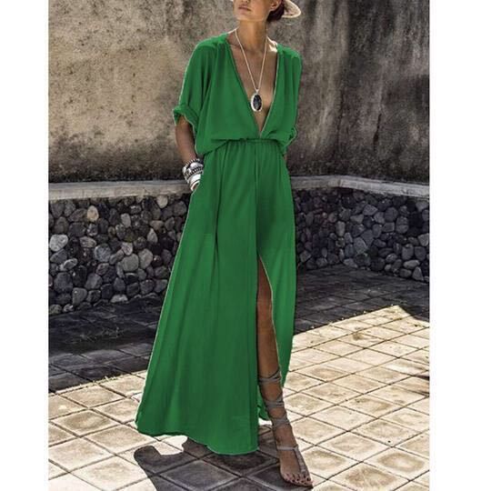 Damen Elegantes Maxikleid mit tiefem V-Ausschnitt und hohem Schlitz Drune
