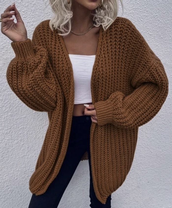 Damen lässiger Grobstrick-Cardigan mit tiefen Taschen und voluminösen Ärmeln Drune