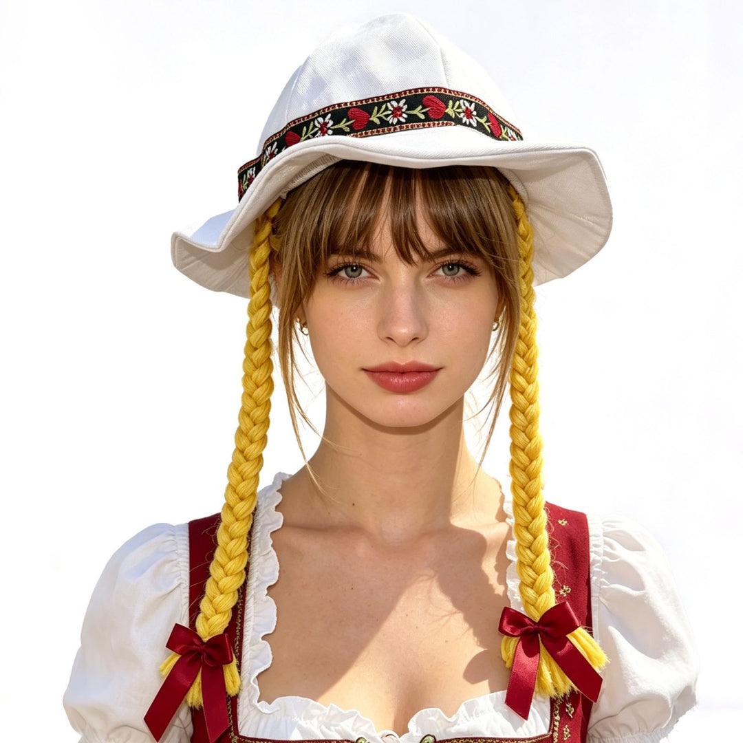 Damen nan verspielter Sonnenhut mit geflochtenen Zöpfen, besticktem Stirnband und breiter Krempe Drune