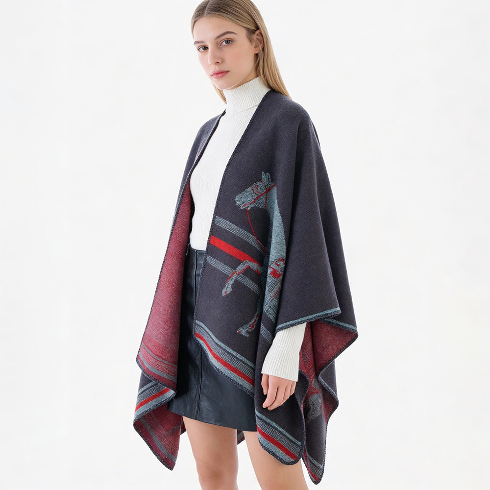 Damen Jacquard‑Poncho mit Pferdemotiv und weichem Wollmix Drune