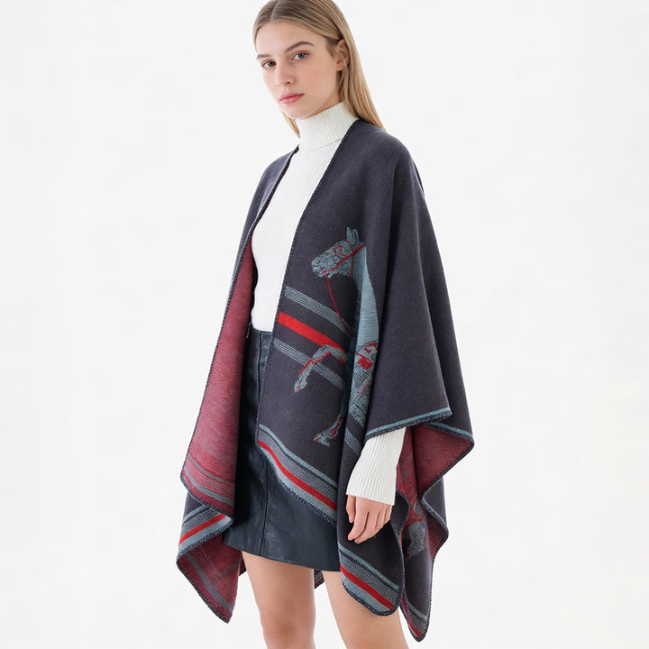 Damen Jacquard‑Poncho mit Pferdemotiv und weichem Wollmix Drune