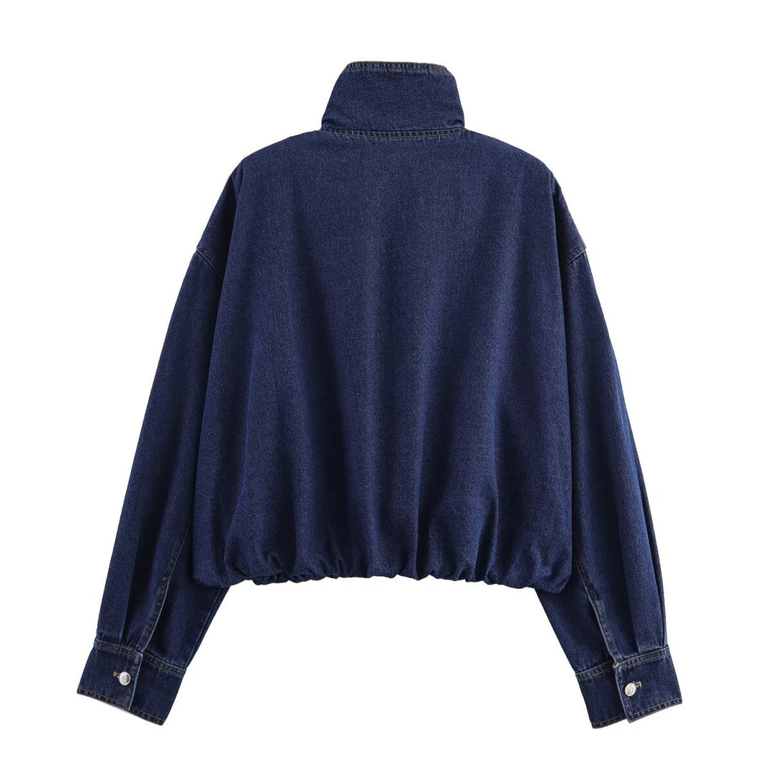 Damen modische Denimjacke mit hohem Kragen und seitlichen Taschen Drune