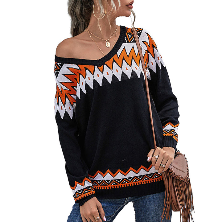 Damen Oversize Strickpullover mit geometrischem Aztekenmuster und asymmetrischem schulterfreiem Ausschnitt Drune