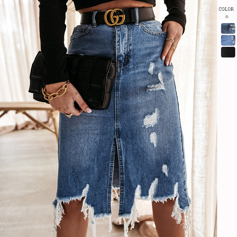 Damen nan taillierter Destroyed-Denim-Midirock mit Fransenbesatz, Frontschlitz und Gürtelschlaufen Drune