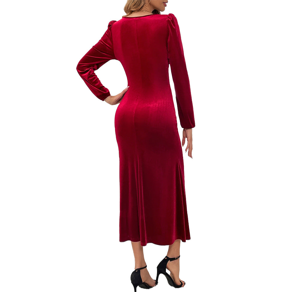 Damen Samt-Maxikleid mit taillierter Silhouette, Puffschultern und fließendem Tulpenrock Drune