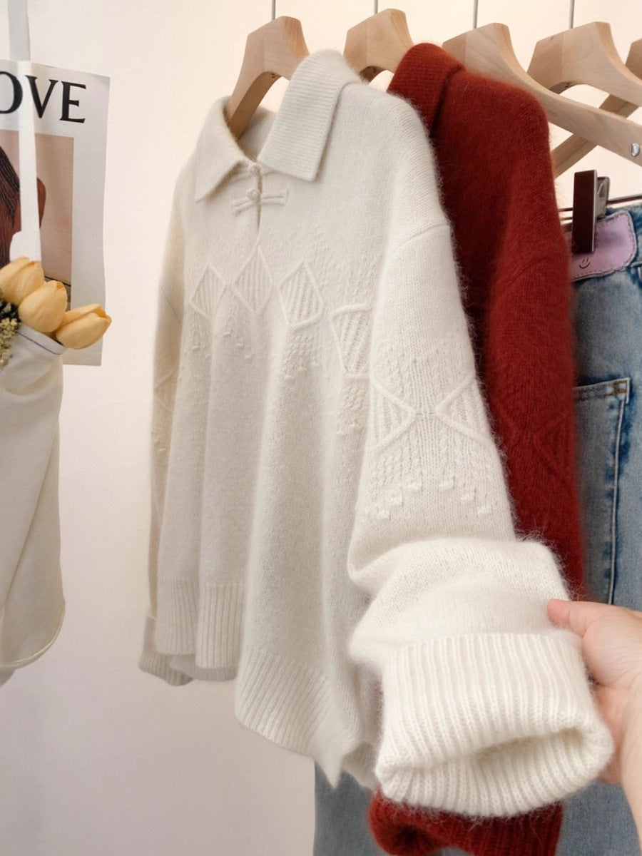 Damen Polokragen-Pullover im Mohair‑Look mit Ajour‑Zopfmuster, überschnittener Schulter und weiter Silhouette Drune
