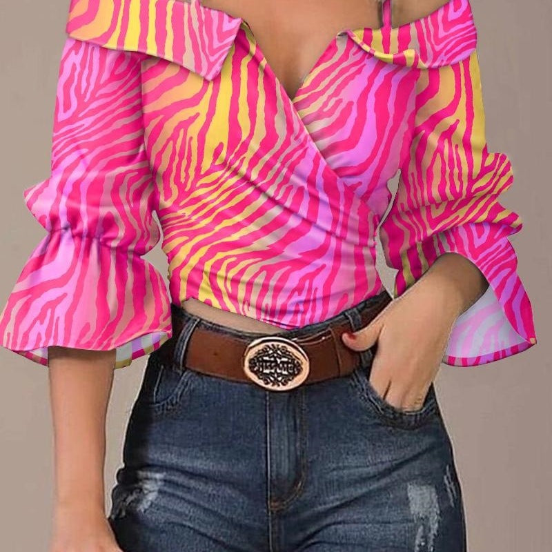 Damen Off-Shoulder Bluse mit buntem Streifenmuster und weiten Ärmeln Drune