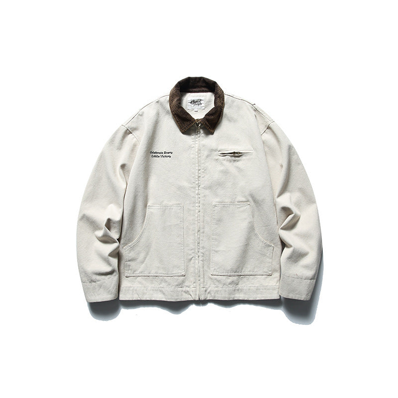 Herren Boxy-Worker-Jacke aus gewaschenem Canvas mit Cordkragen und Reißverschluss Drune