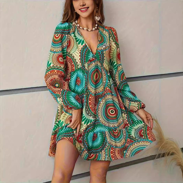 Damen Verspieltes Minikleid mit buntem Muster und knöpfen Drune