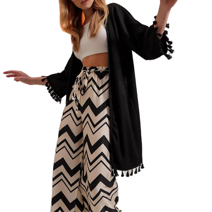 Damen Weite Satin-Hose mit Zickzack-Print, hohem elastischem Bund und Bindegürtel Drune