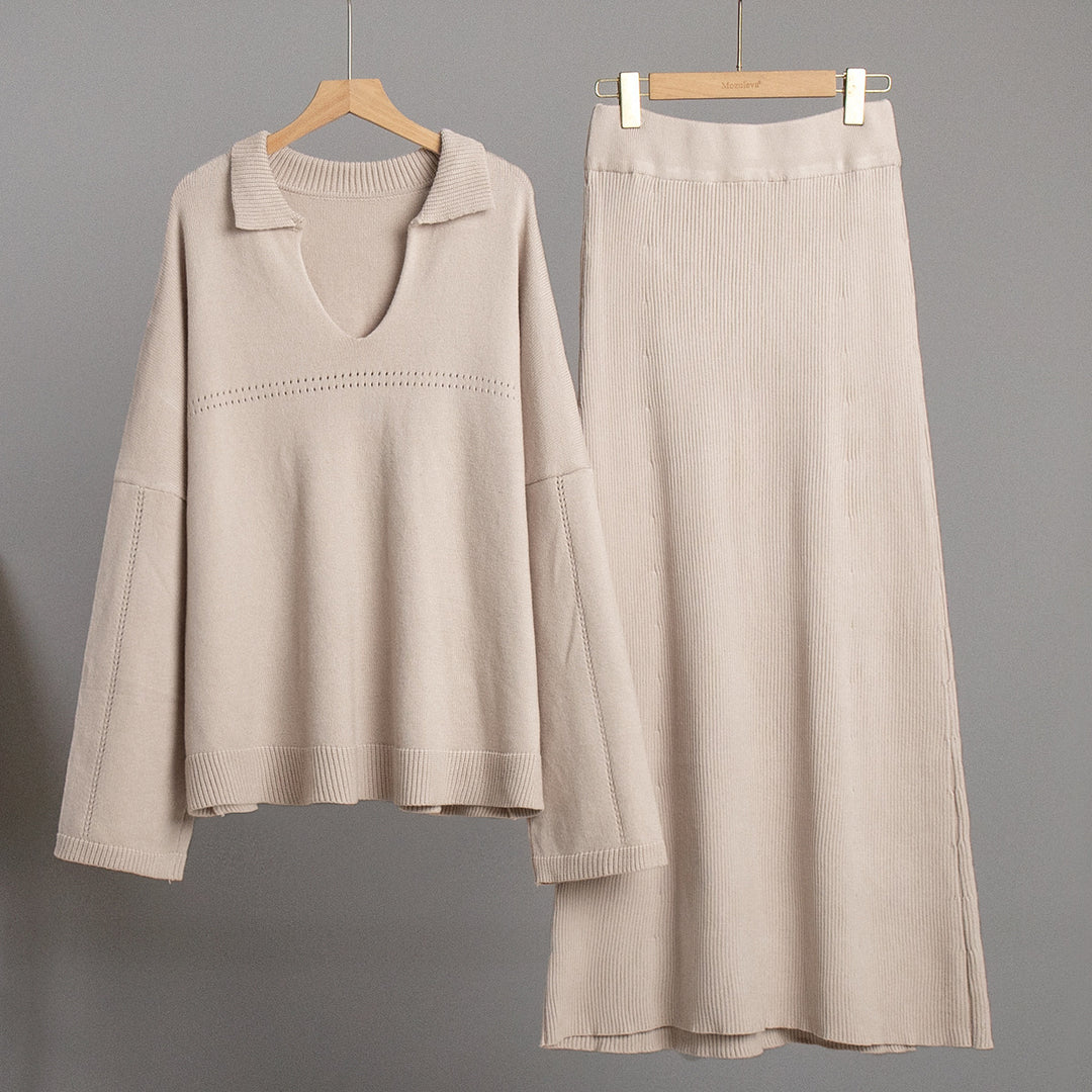 Damen Modisches Strick-Ensemble mit weitem Schnitt und tiefem V-Ausschnitt Drune