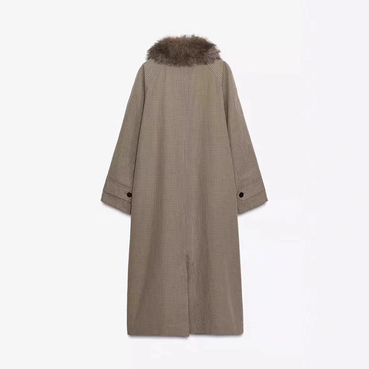 Damen langer Oversize Wollmantel mit abnehmbarem Kunstfellkragen und seitlichen Eingrifftaschen Drune