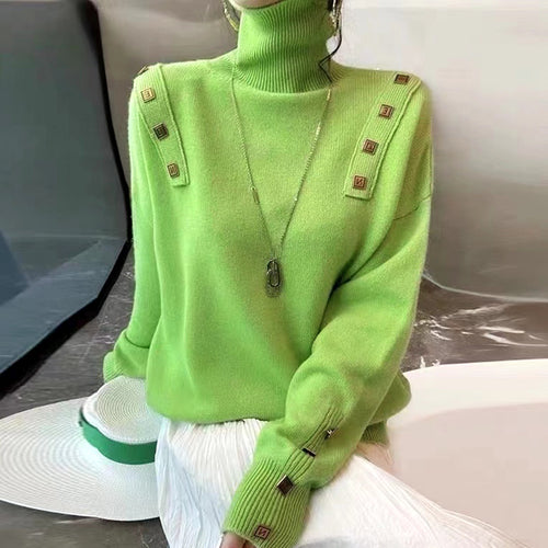 Damen modischer Rollkragenpullover mit dekorativen Knopfdetails Drune