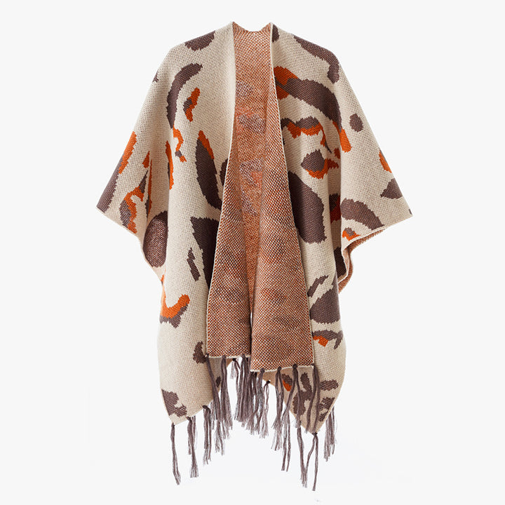 Damen Oversize-Strickponcho mit animalischem Jacquard und Fransensaum Drune