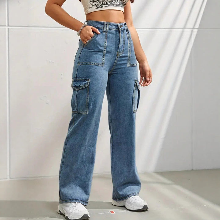 Damen hochtaillierte weite Cargo-Jeans mit aufgesetzten Taschen und geradem Bein Drune