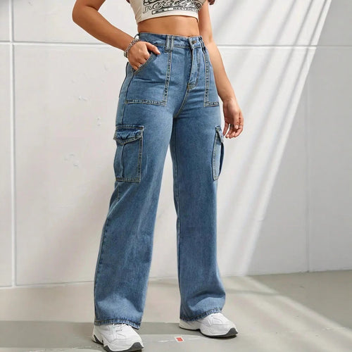 Damen hochtaillierte weite Cargo-Jeans mit aufgesetzten Taschen und geradem Bein Drune