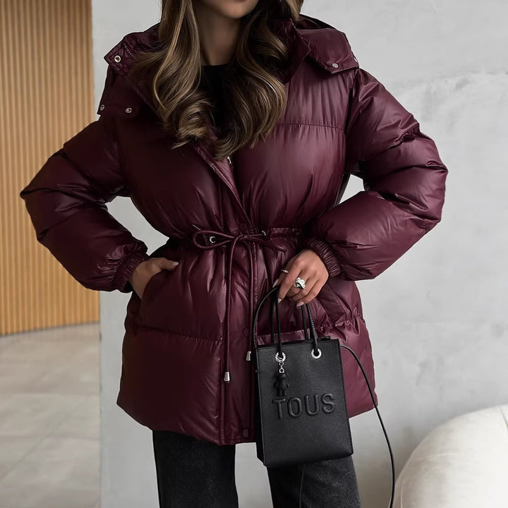 Damen Steppdaunenjacke mit tailliertem Kordelzug und Kapuze Drune