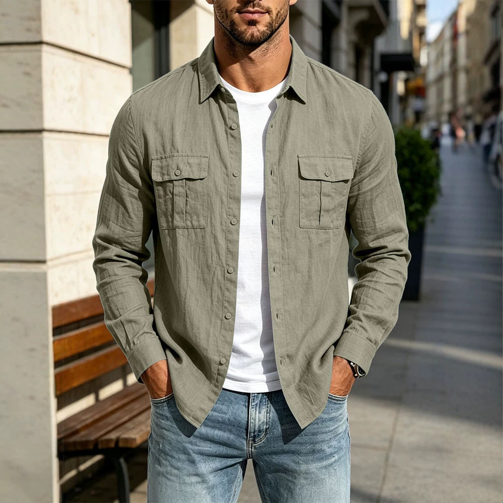 Herren Leichte Hemdjacke aus Baumwoll-Leinen mit Brusttaschen und lockerer Passform Drune
