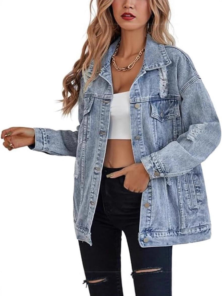 Damen Oversized Denimjacke mit modischen Ripped-Details Drune