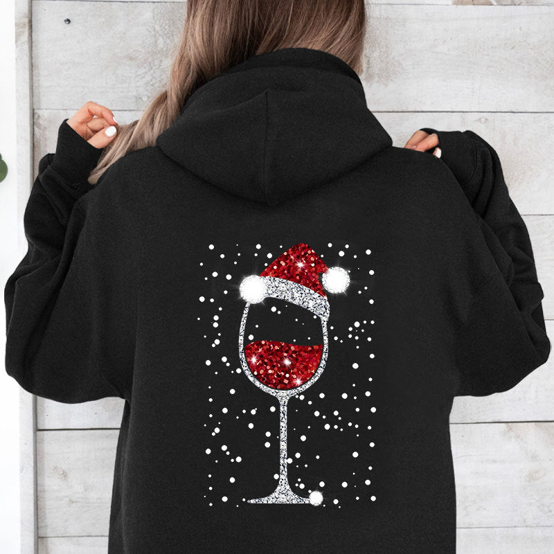 Damen Oversize Kapuzenpullover mit weihnachtlichem Glitzer-Weinglas-Print Drune