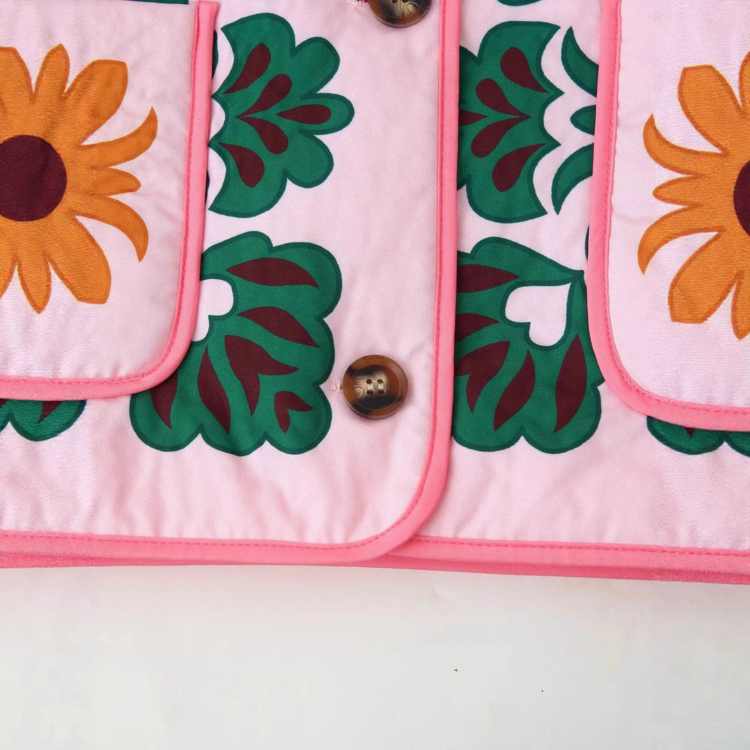 Damen nan gesteppte Blumen-Steppjacke mit kontrastärmeln, aufgesetzten Taschen und Stehkragen Drune