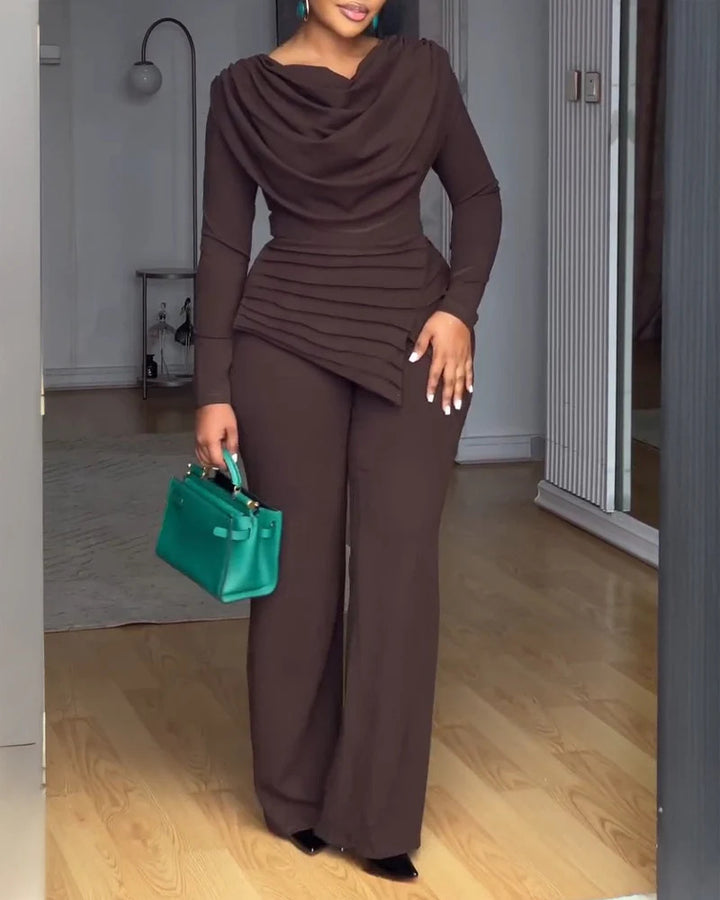 Damen Zweiteiliges Ensemble mit Wasserfall-Drapé-Oberteil, abgestuftem Peplum und gerader Bundfalten-Hose Drune